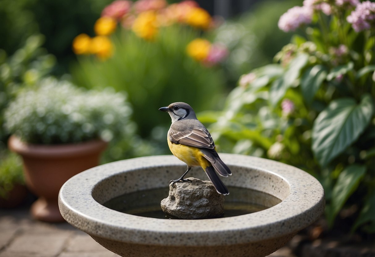 A stone bird bath sits among garden ornaments, tipped slightly to one side. Surrounding plants and flowers add color and life to the scene