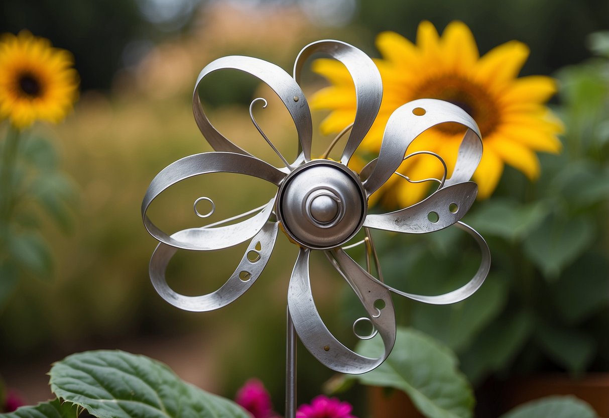 A metal sunflower wind spinner twirls among garden ornaments