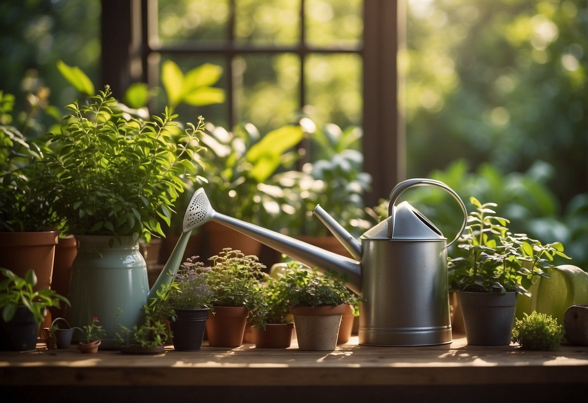 Garden ornaments arranged on a sturdy shelf, surrounded by lush greenery. A watering can and gardening tools nearby. Sunshine illuminates the scene