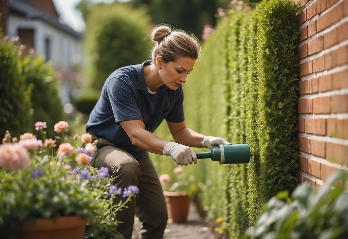 A person using a roller to apply weather-resistant paint to a garden wall, surrounded by greenery and flowers