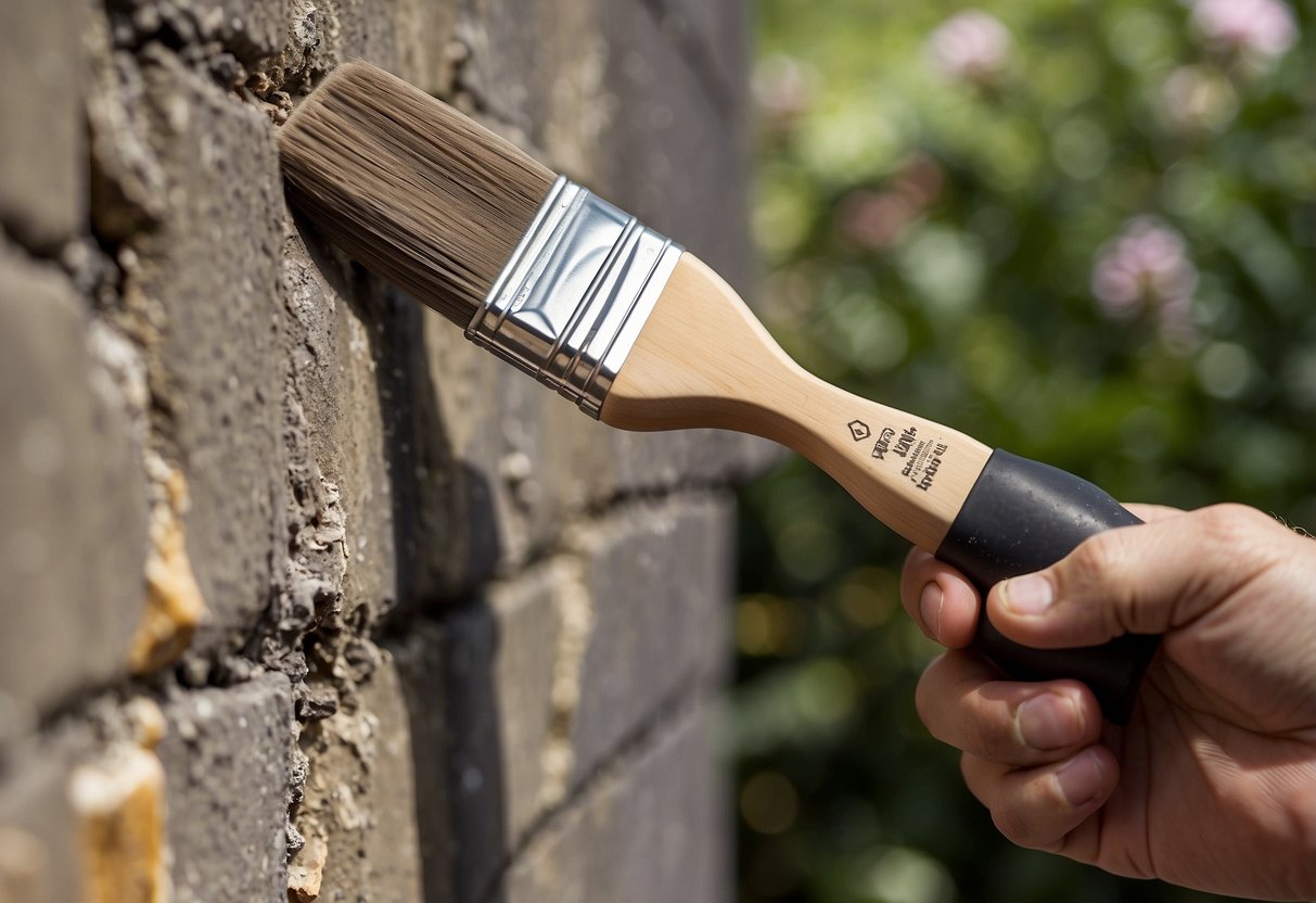 A hand holding a paintbrush applies primer to a garden wall, ensuring better adhesion for the paint