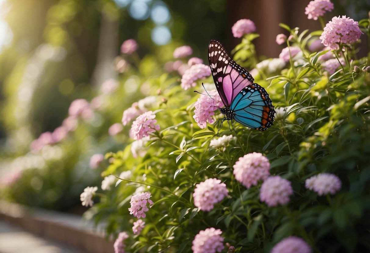 A colorful garden wall with blooming flowers, lush greenery, and vibrant butterflies fluttering around