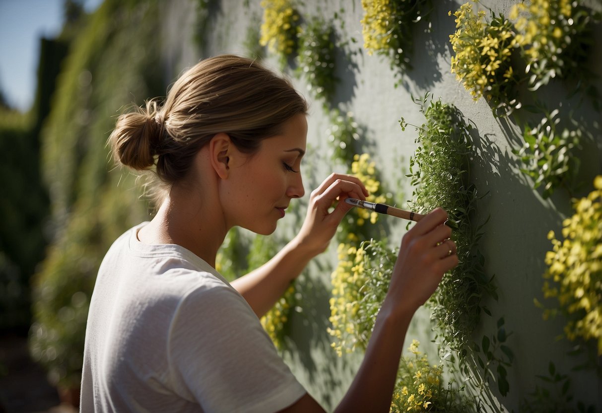 A person uses stencils to paint a garden wall with precision and consistency, carefully applying paint to create a decorative pattern