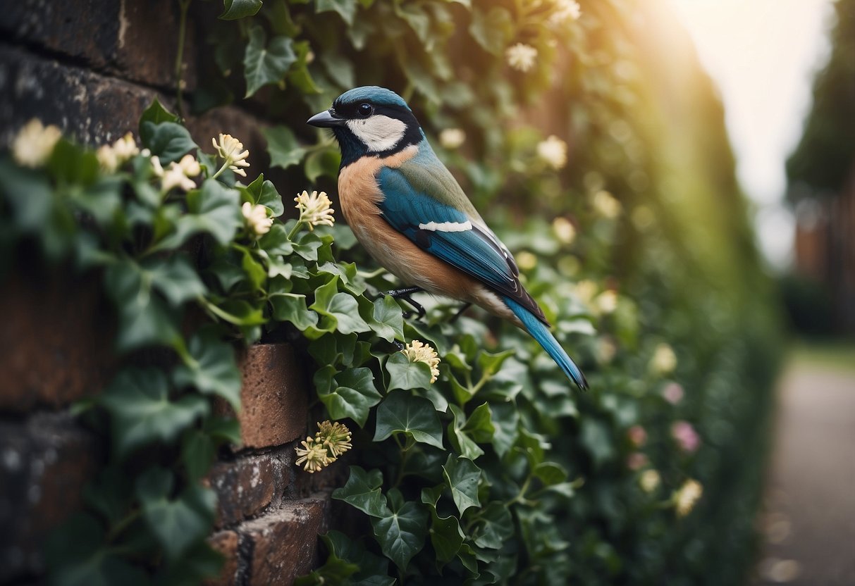 A garden wall with ivy, flowers, and birds. Use earthy tones for a natural look