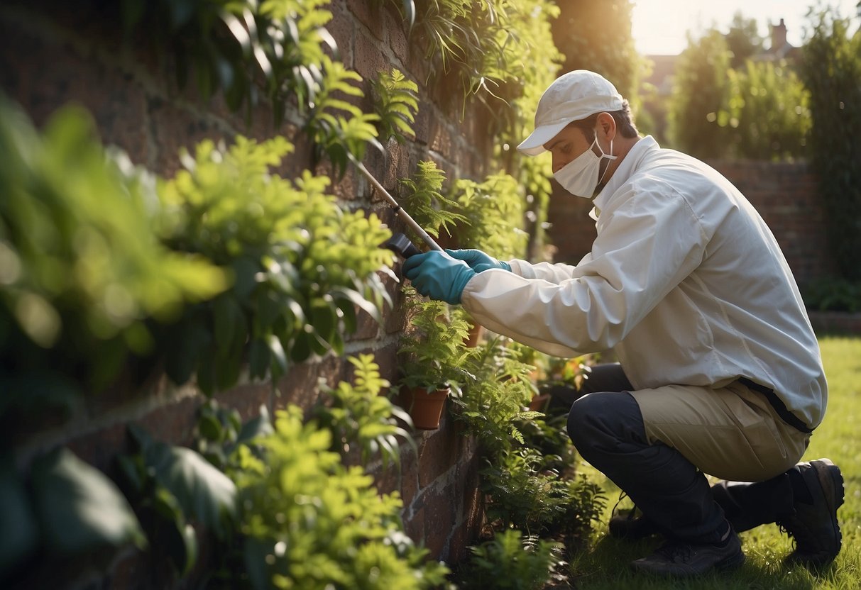 A person applies a protective covering to a garden wall, shielding plants from paint during the painting process