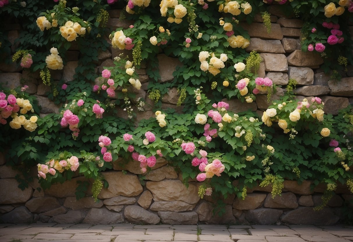 Vibrant flowers cascade down a stone garden wall, framed by ornate decorative borders. Green vines intertwine with the intricate designs, adding a touch of whimsy to the charming scene