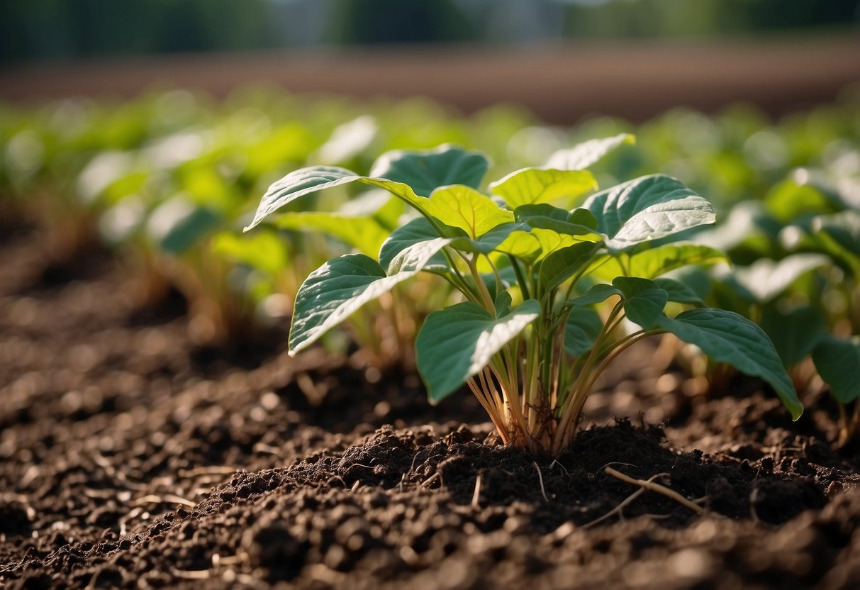 Mulch covers the soil around sweet potato plants, keeping moisture in