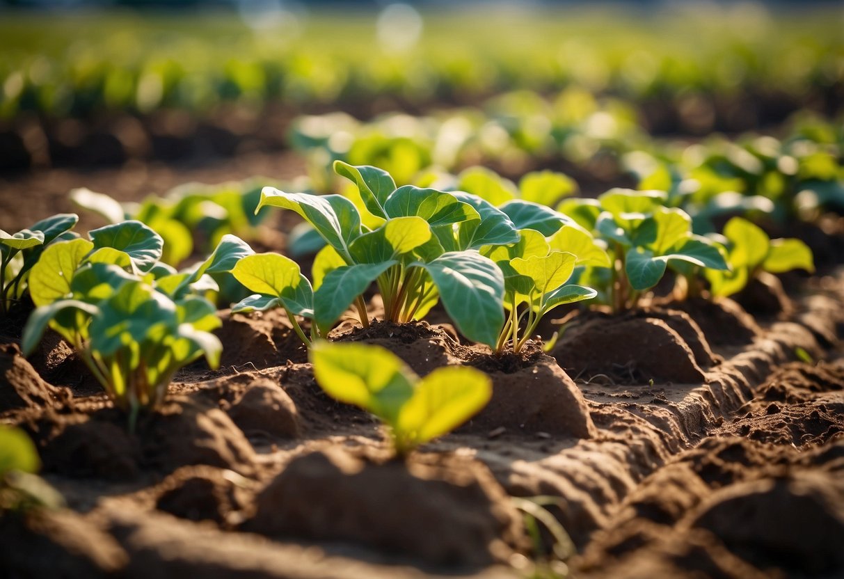 A garden bathed in sunlight, rows of healthy sweet potato plants thriving in the warm, sunny environment