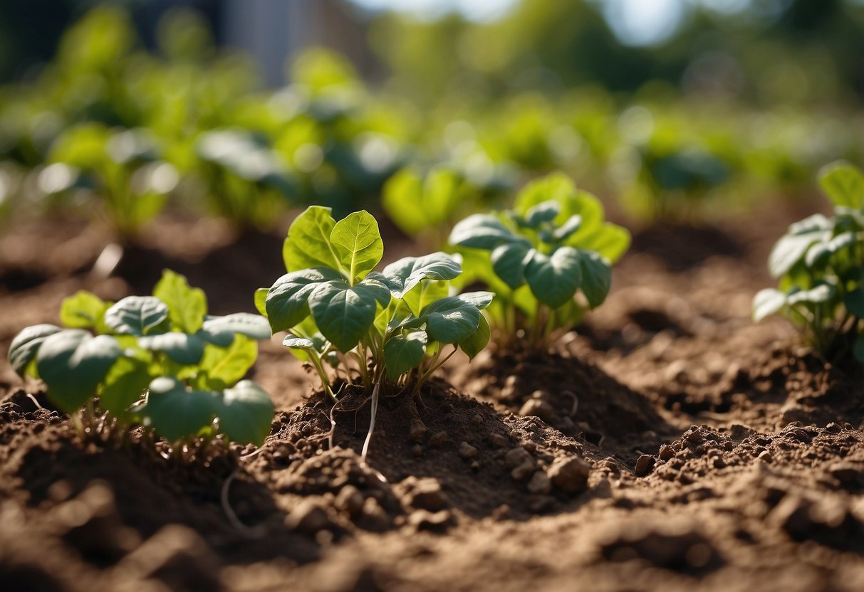 Lush sweet potato vines sprawl across dry soil, soaking up infrequent but deep watering, thriving in the garden