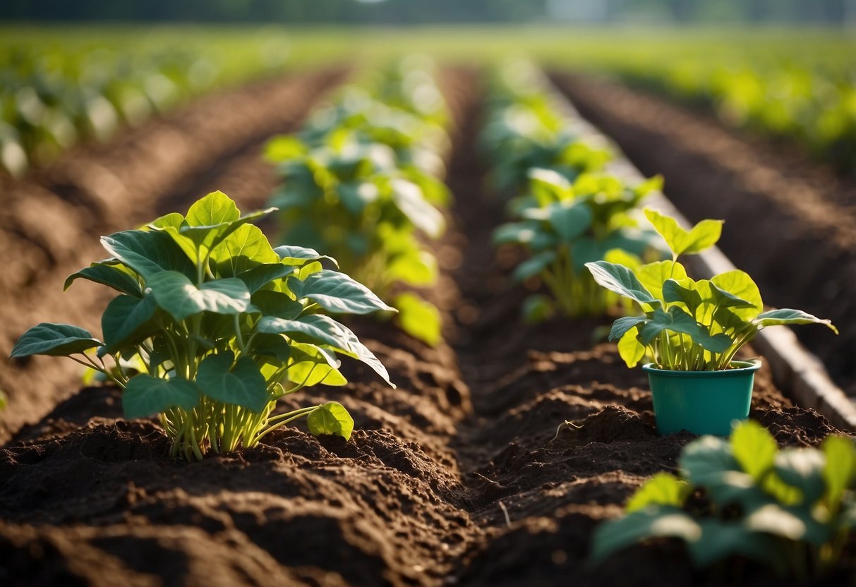 Healthy sweet potato plants grow in rows. Nearby, a farmer rotates crops to prevent disease