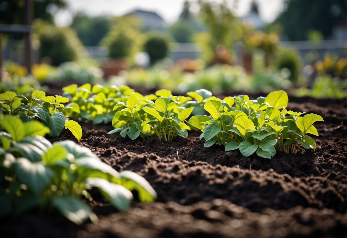 A garden bed with sweet potato vines growing in rich, dark compost. The plants are lush and healthy, surrounded by other thriving vegetables