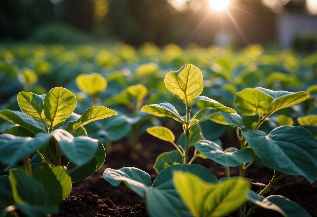 Lush green sweet potato vines sprawl across the garden, their vibrant leaves reaching towards the sun. The air is crisp, hinting at the impending first frost. It's time to harvest the sweet potatoes before the cold sets in