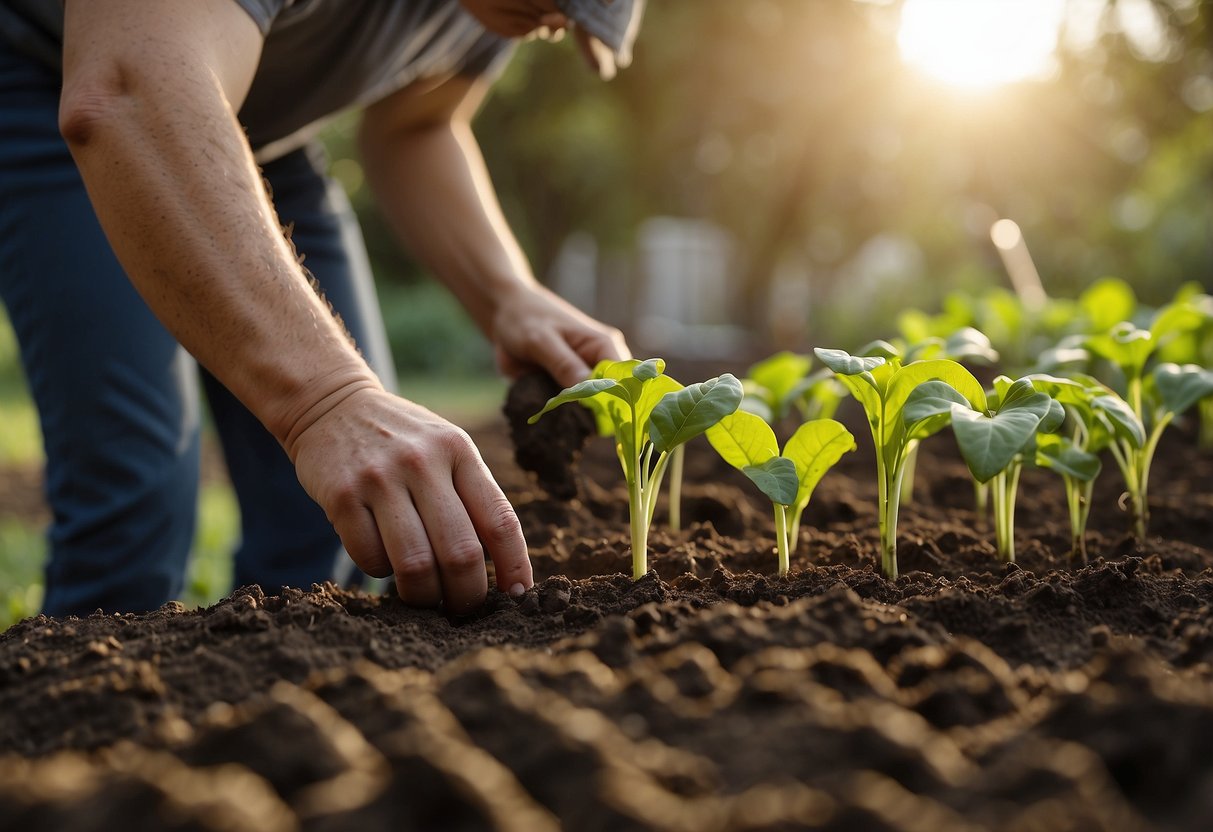 A person digs rows in the soil and carefully plants sweet potato slips, spacing them evenly. The sun shines down on the garden as the plants are watered and cared for