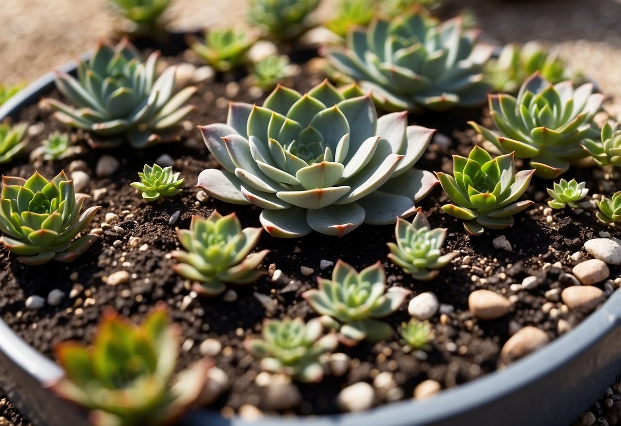 Succulents arranged in well-draining soil, with gravel or sand at the bottom of the pot. Pot with drainage holes. Water sparingly. Full sun