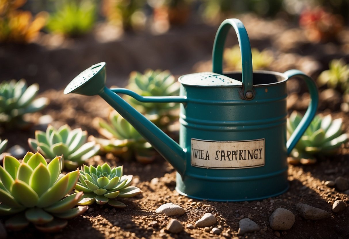 A succulent garden with small watering can, dry soil, and labeled "Water Sparingly" sign