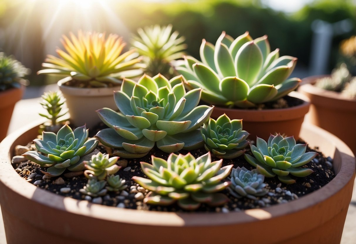 A bright, sunny outdoor space with a variety of succulents arranged in different containers, basking in the sunlight