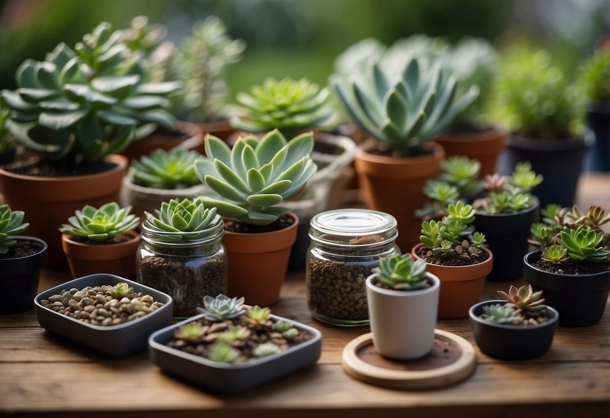 A table with various containers: pots, jars, and trays. Succulent plants arranged neatly inside, with small gardening tools nearby