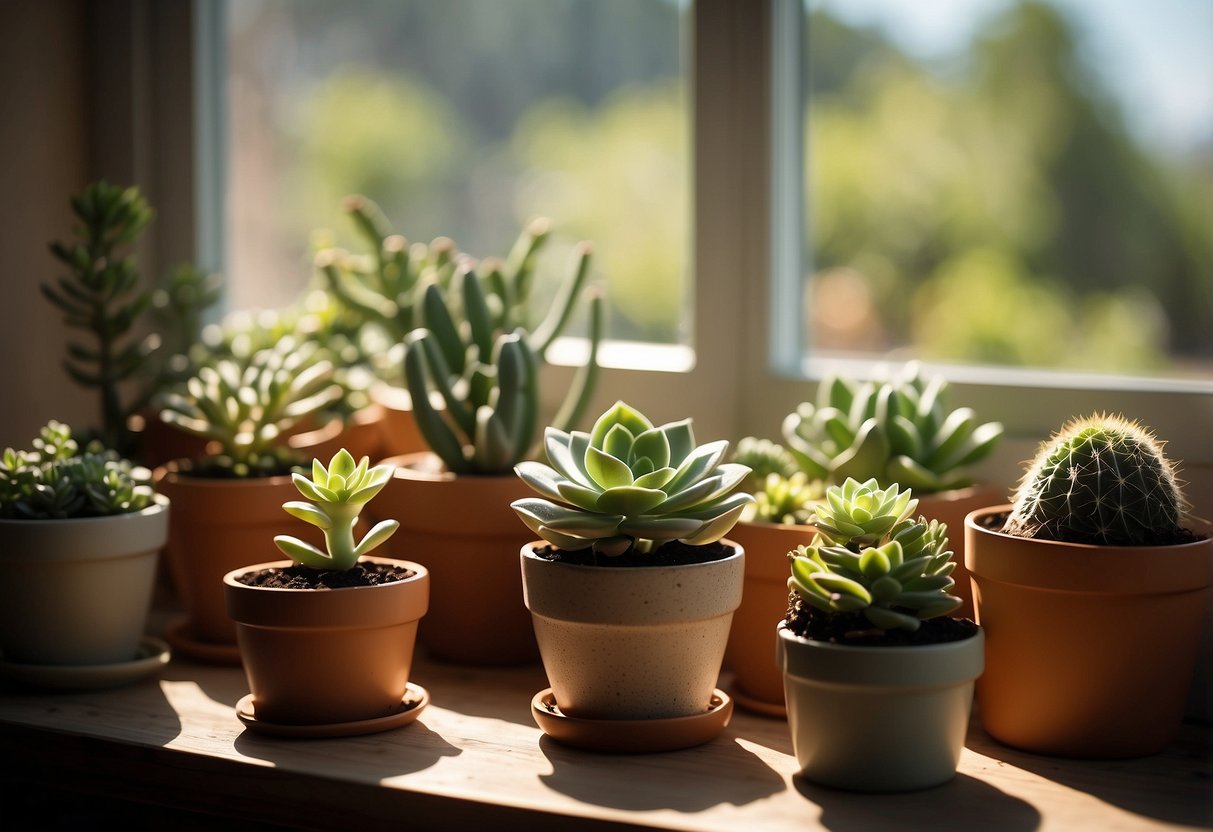 A variety of succulents arranged in different pots, with soil and gardening tools nearby. Sunlight streaming in through a window, casting shadows on the plants