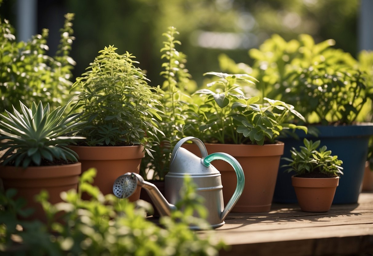 Various plants arranged in groups based on their water needs, with watering cans and hoses nearby. Bright sunlight and green foliage create a vibrant summer garden scene