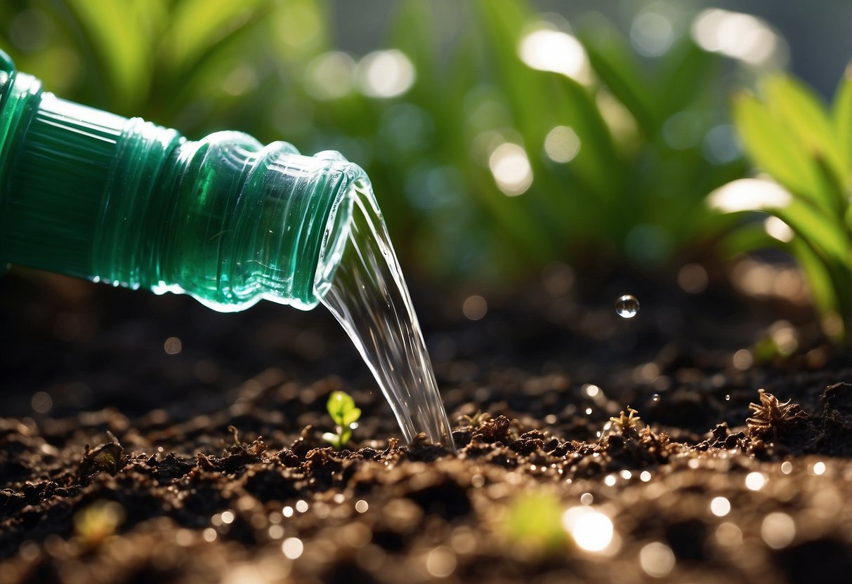 A garden hose watering the base of a plant, with droplets hitting the soil and roots. Sunlight streams down on the lush green leaves