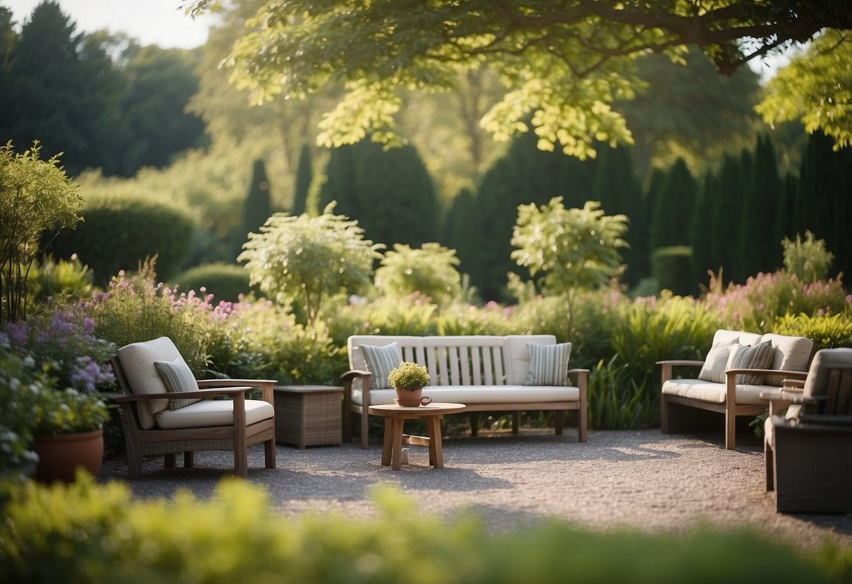 A peaceful garden with carefully arranged seating, creating a calming and inviting atmosphere for therapy sessions