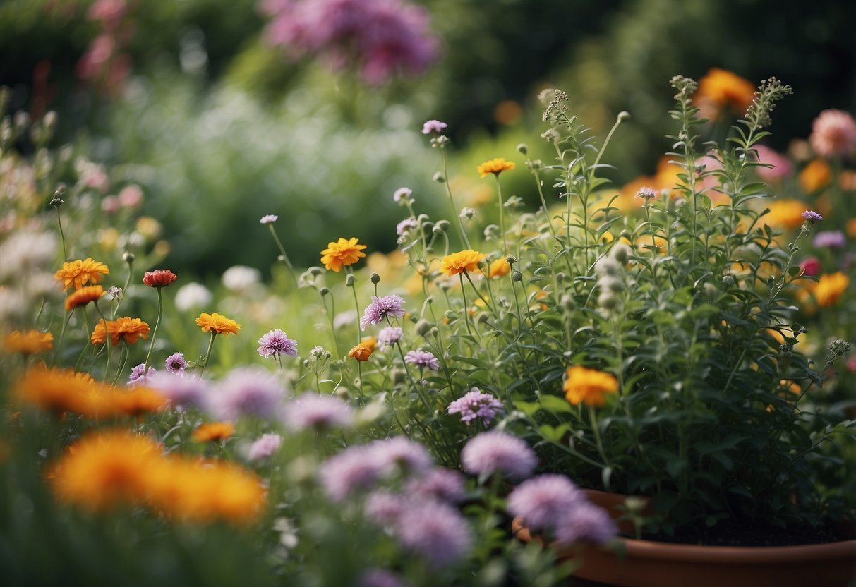 Lush garden with aromatic herbs and vibrant flowers, inviting a sense of calm and relaxation. A variety of textures and colors stimulate the senses