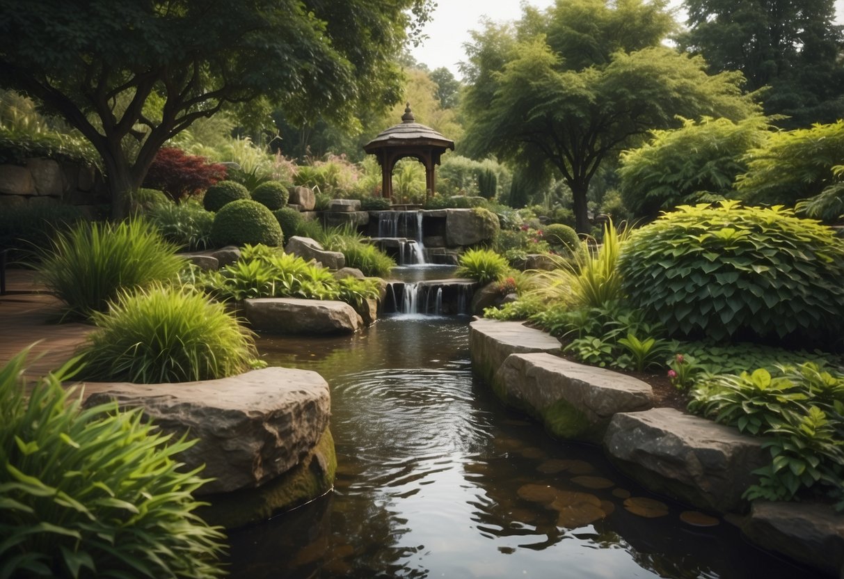 A tranquil garden with flowing water features and lush greenery, creating a peaceful and serene atmosphere for relaxation and therapy