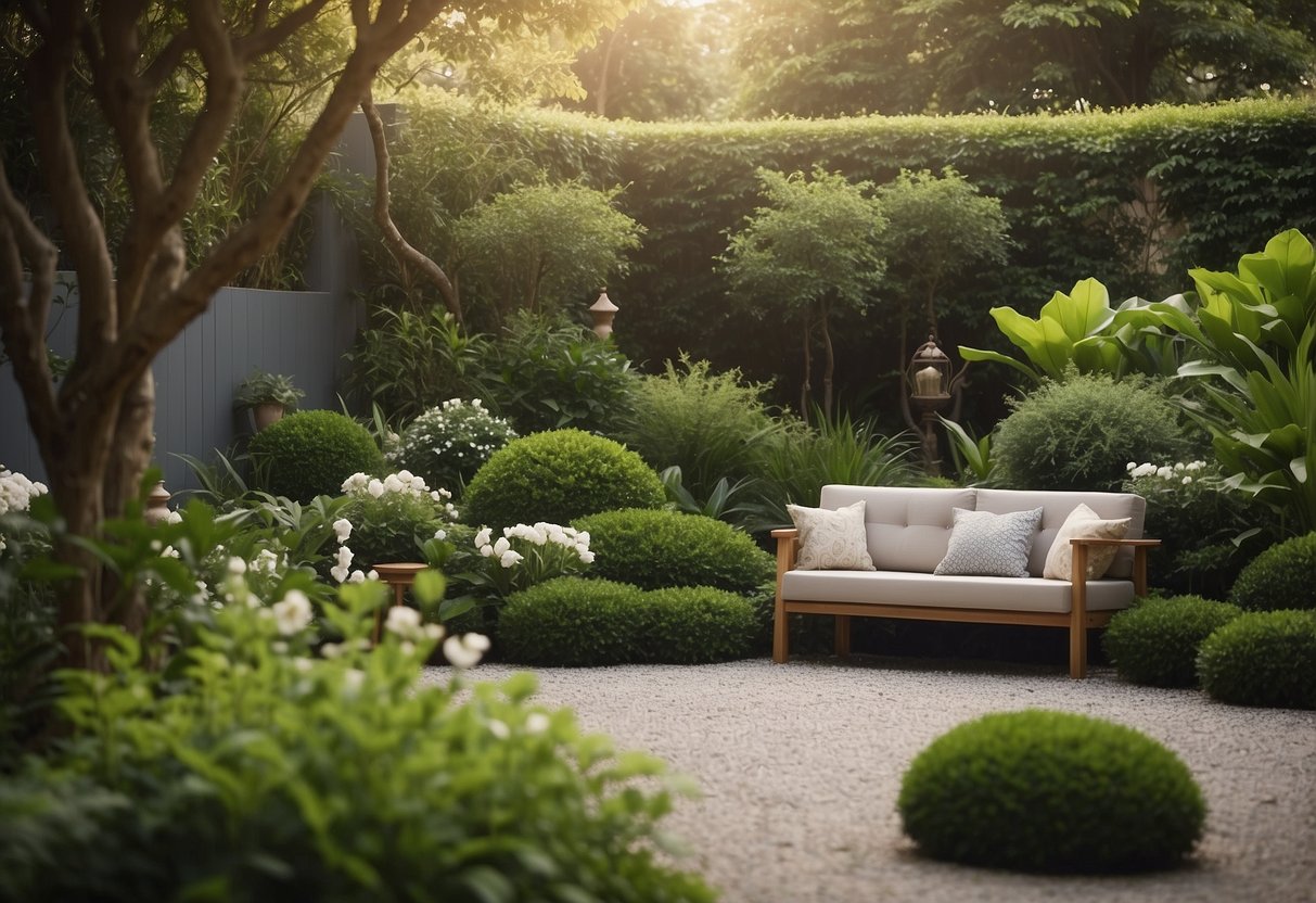 A peaceful garden with a designated meditation corner, featuring lush greenery, comfortable seating, and calming decor