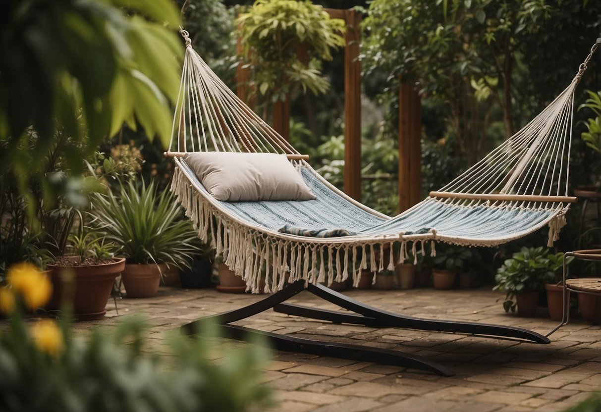 Two hammocks swaying in a lush garden. Soft cushions and blankets add comfort. A small table holds gardening tips and tools