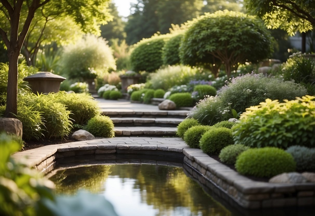 A serene garden with lush greenery, peaceful seating areas, and gentle water features. A sense of tranquility and privacy radiates from the space