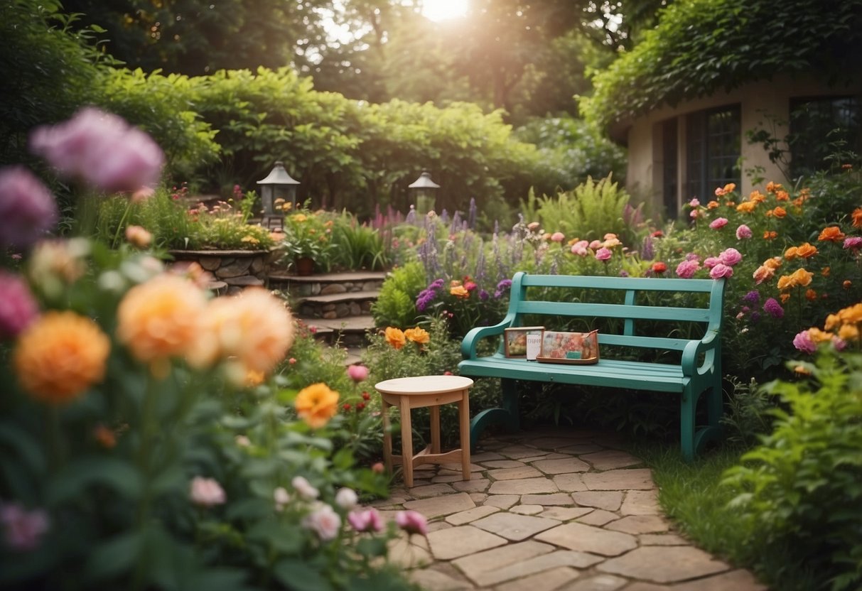 A peaceful garden with colorful flowers and winding paths. A cozy seating area surrounded by lush greenery. A small table with art supplies and a sign reading "Art Therapy Installations therapist garden tips."