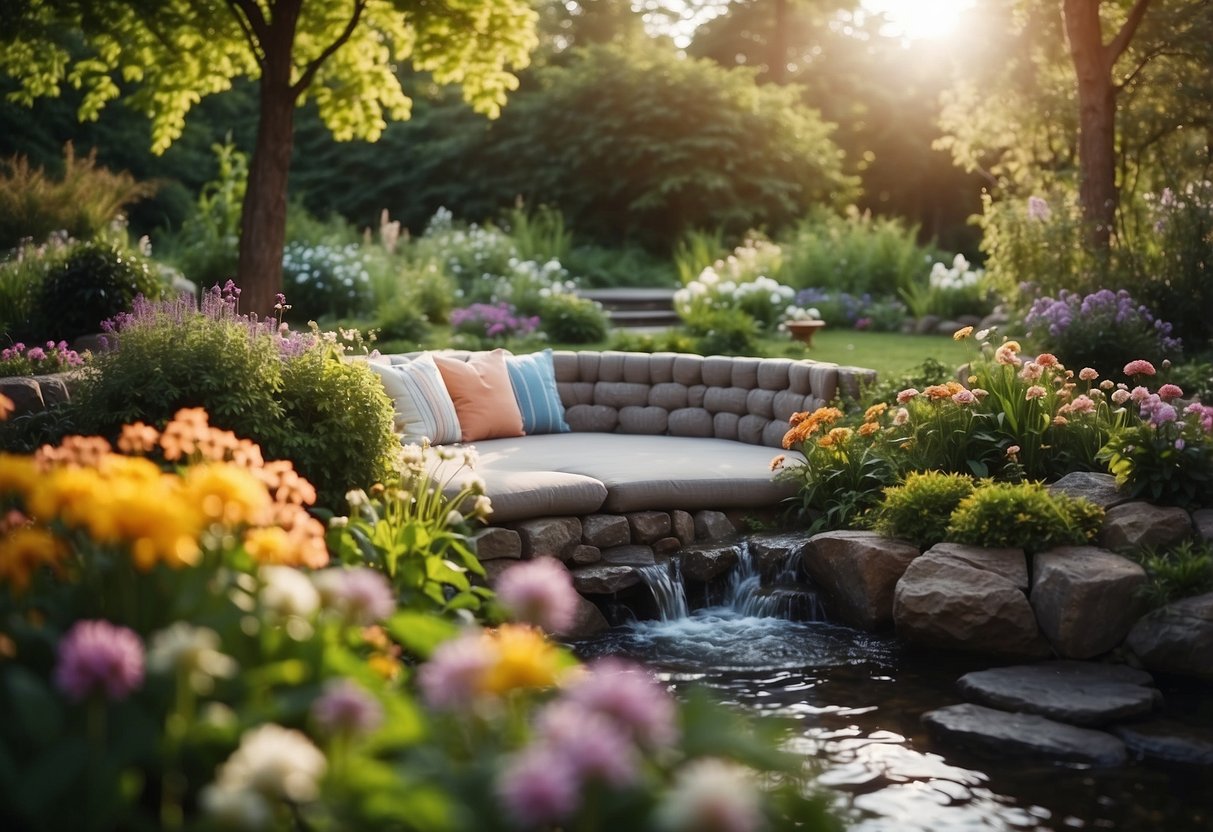 A peaceful garden with colorful flowers, a bubbling stream, and a cozy seating area surrounded by lush greenery