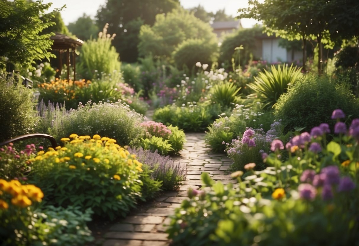 A lush garden with colorful flowers, green plants, and a variety of herbs and vegetables. A peaceful atmosphere with birds chirping and a gentle breeze