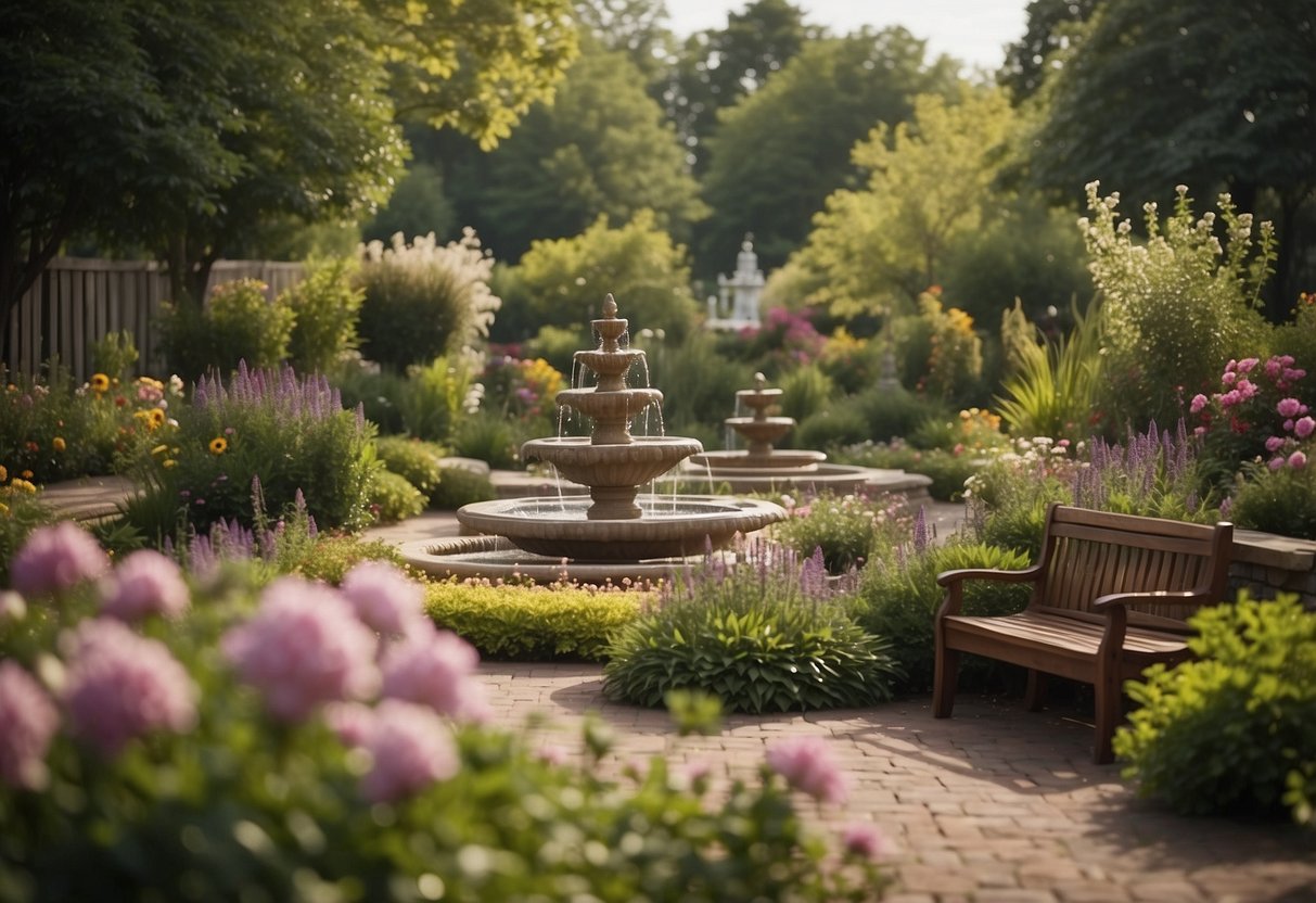 A peaceful garden with winding paths, vibrant flowers, and cozy seating areas. A bubbling fountain adds soothing sounds, while fragrant herbs and textured plantings engage the senses