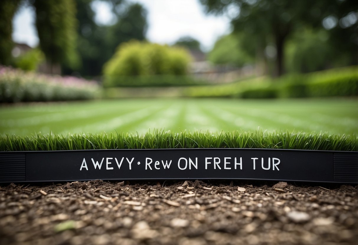 Lush green turf stretches across the garden, freshly laid and waiting to take root. A sign reads "Avoid Walking on Fresh Turf" in bold letters