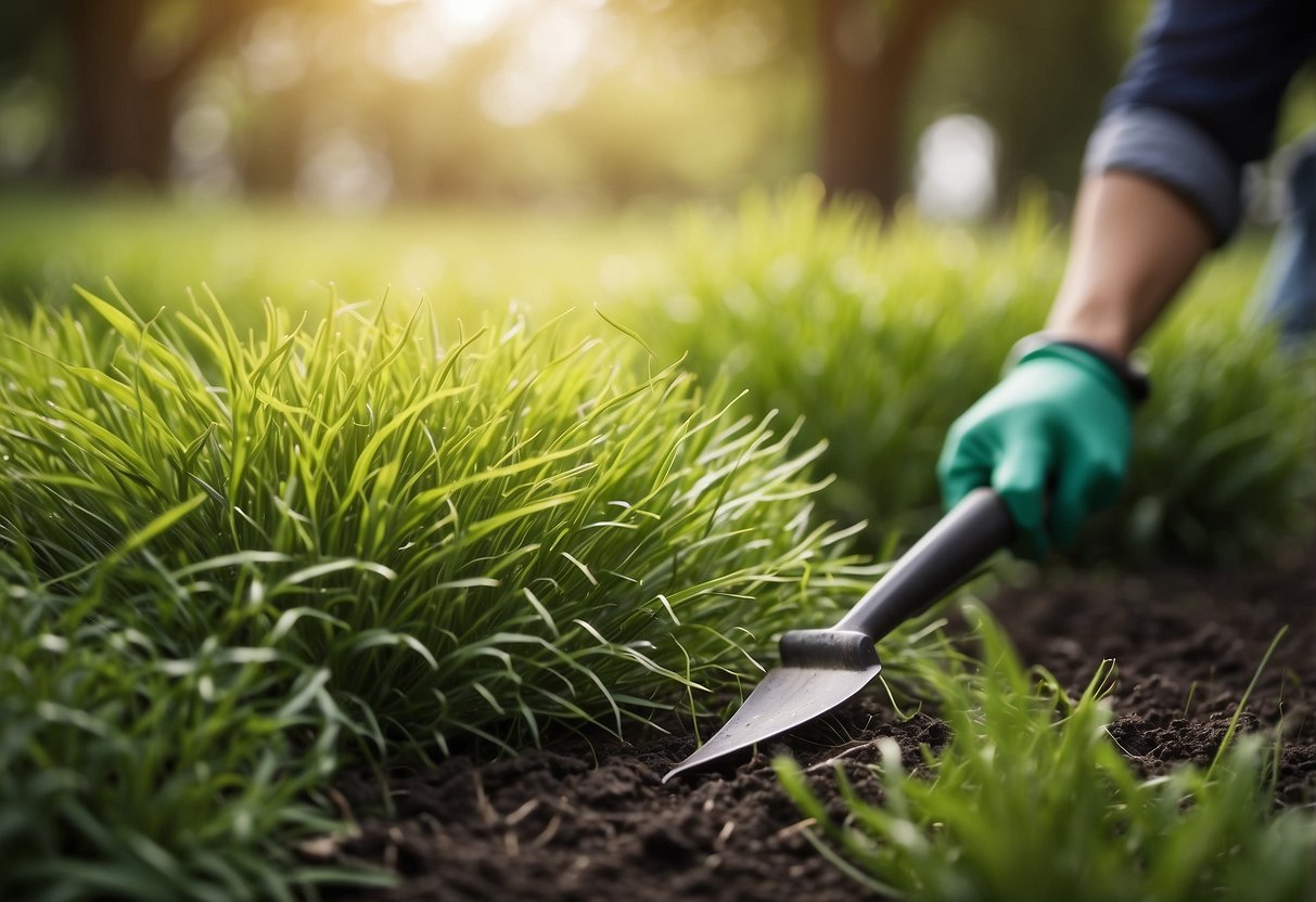 Green grass being trimmed with a garden tool