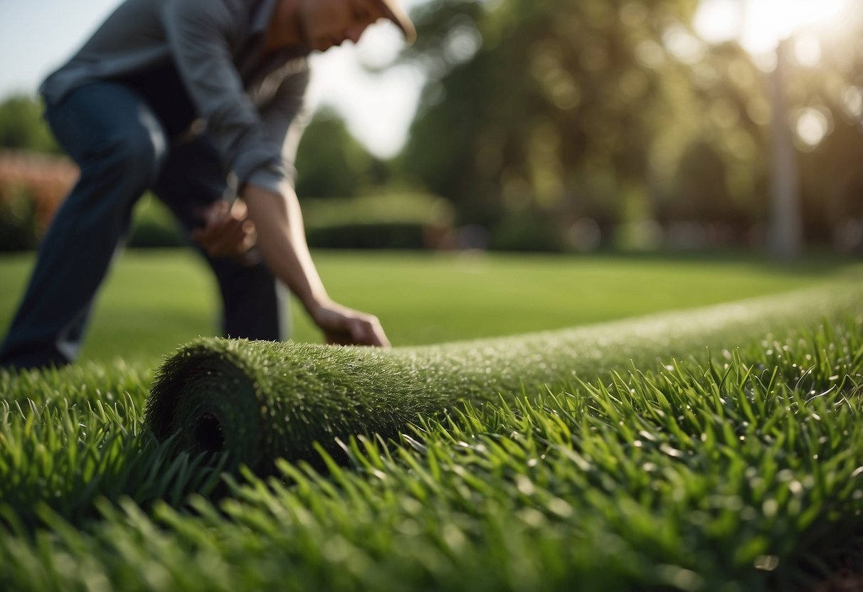 A person rolls out fresh green lawn turf in a garden, carefully laying each piece to create a smooth and lush surface