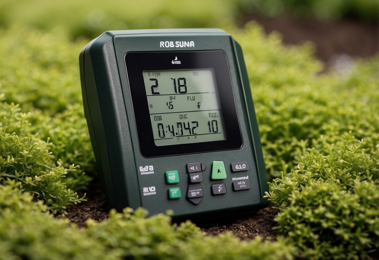 A soil moisture monitor is placed in a garden, surrounded by lush green turf. Tips for turfing are displayed nearby