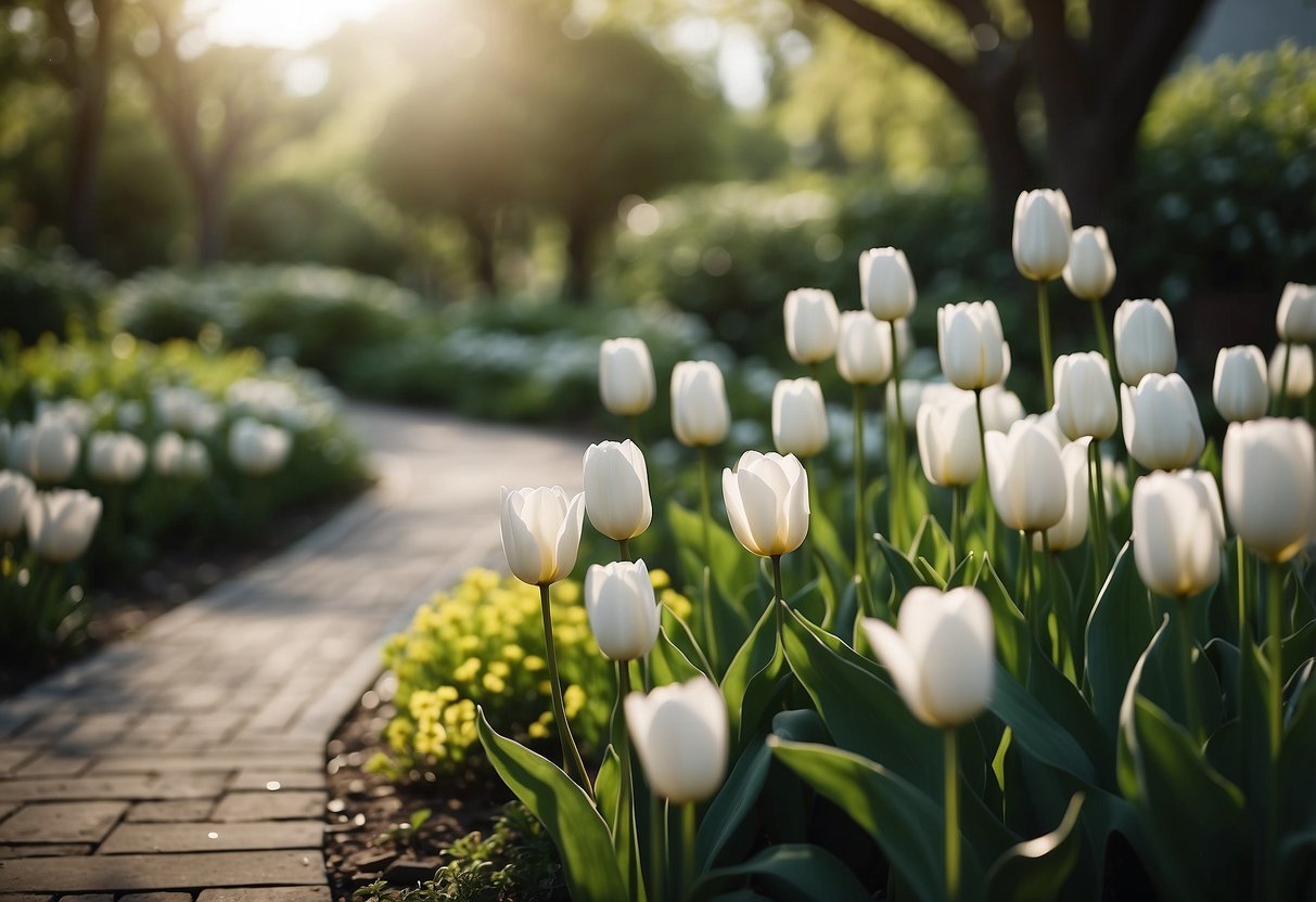 A garden filled with white tulips, surrounded by lush greenery