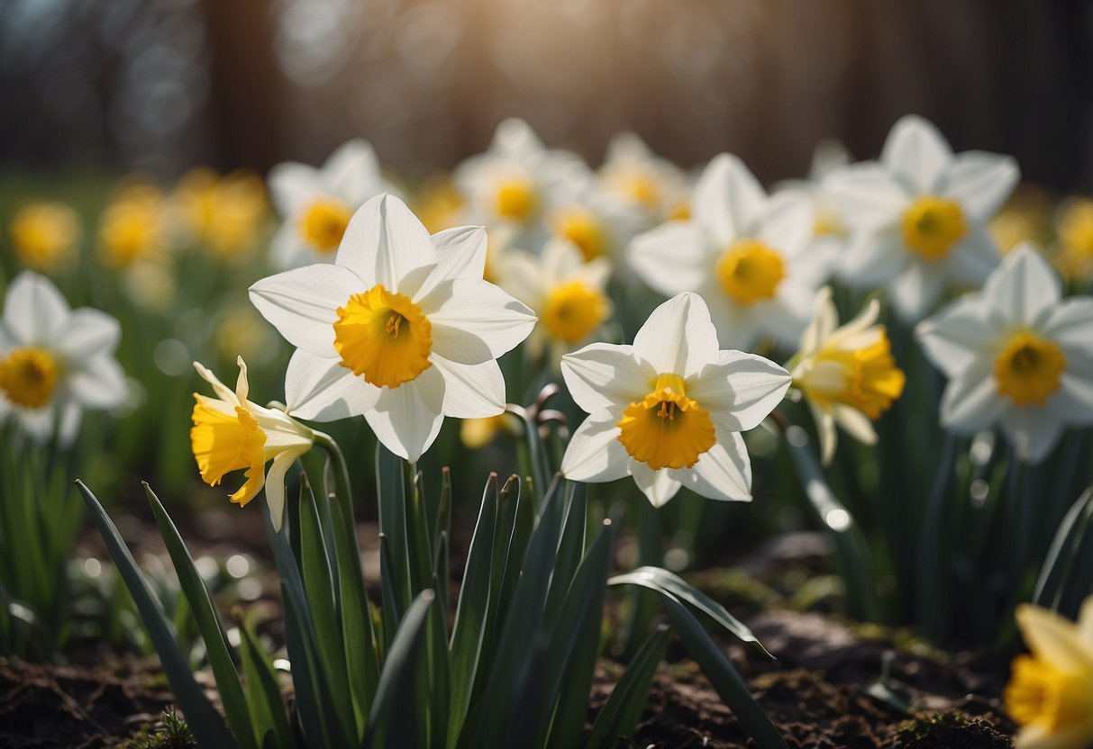 A white garden filled with blooming daffodils in the spring