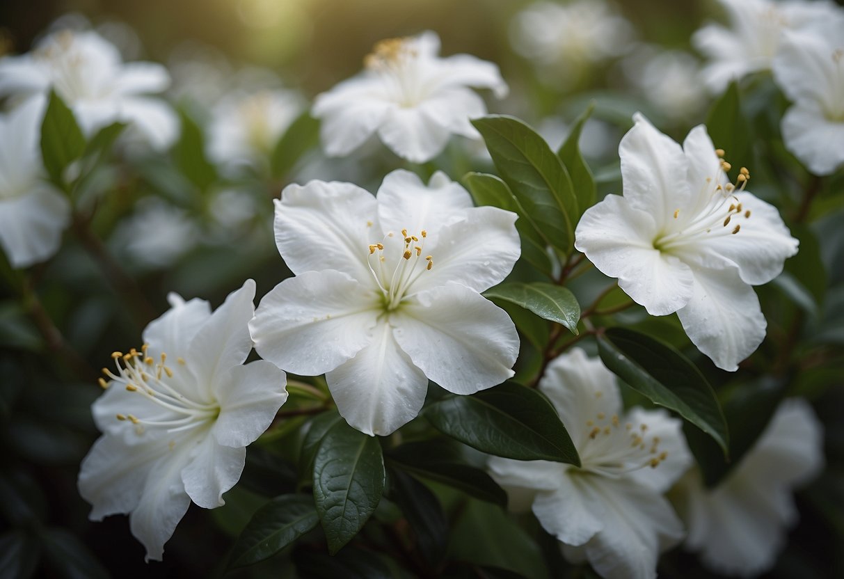 White azaleas bloom in a serene garden, their delicate petals creating a soft, ethereal atmosphere