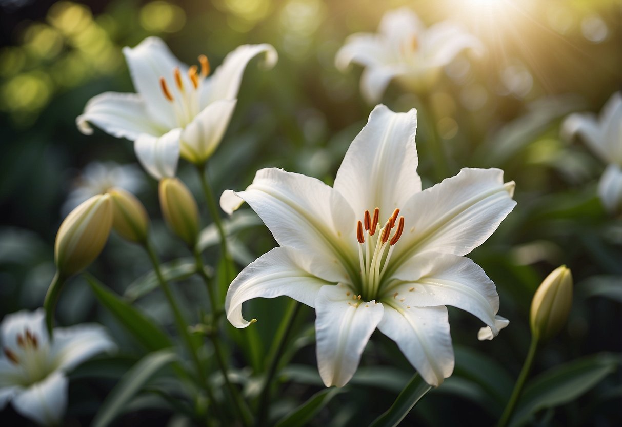 A lush garden filled with vibrant white lilies, their petals gently swaying in the warm summer breeze