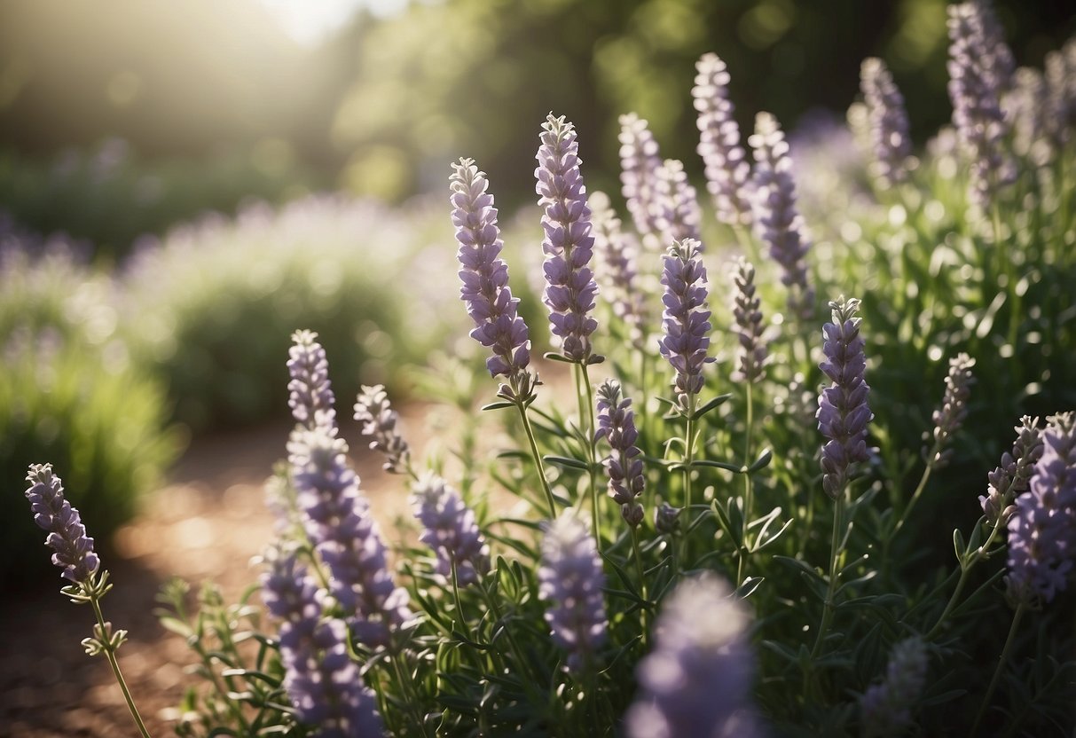 A garden filled with white lavender blooms, surrounded by lush greenery and bathed in soft sunlight