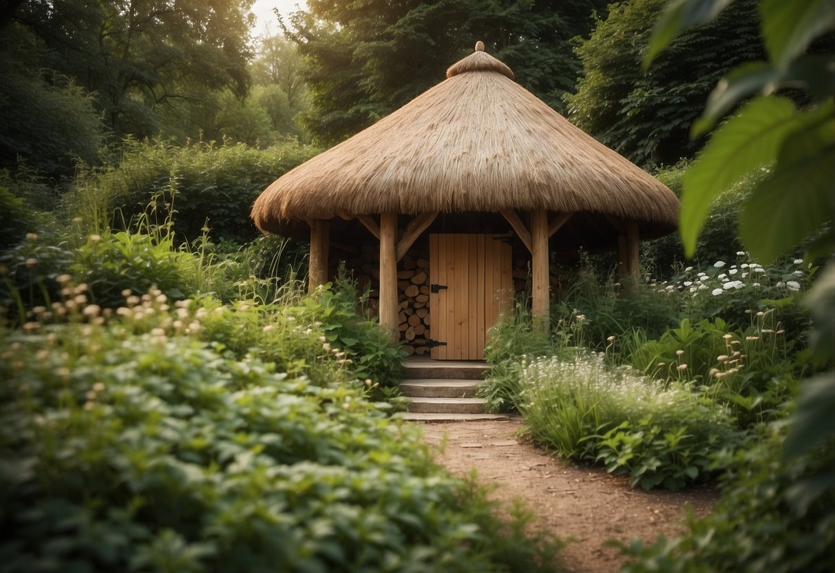 A cozy wooden shelter nestled among lush foliage, with a small opening and a thatched roof, providing a safe haven for small mammals in the wildlife garden