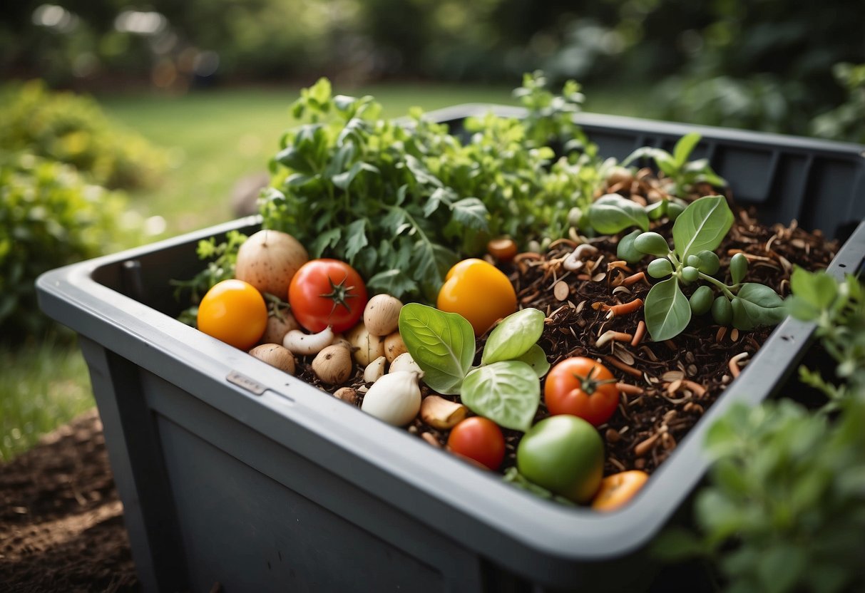 Kitchen scraps pile in a compost bin surrounded by thriving wildlife and lush garden plants