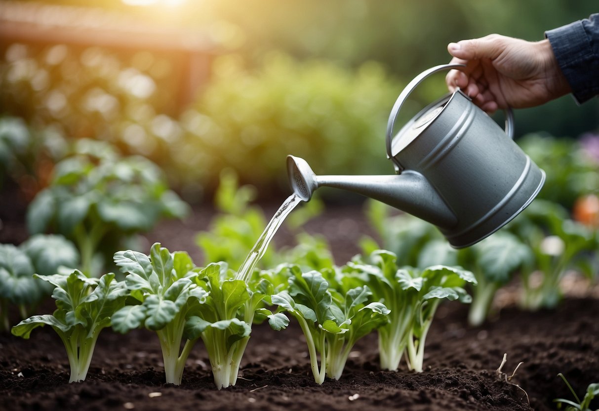 A hand holding a watering can hovers over a small patch of winter vegetable garden, carefully watering the plants sparingly