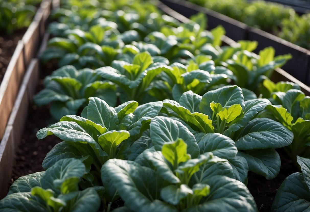 Lush green vegetables thrive in raised beds, protected from the winter chill. Frost covers the ground, but the plants remain vibrant and healthy