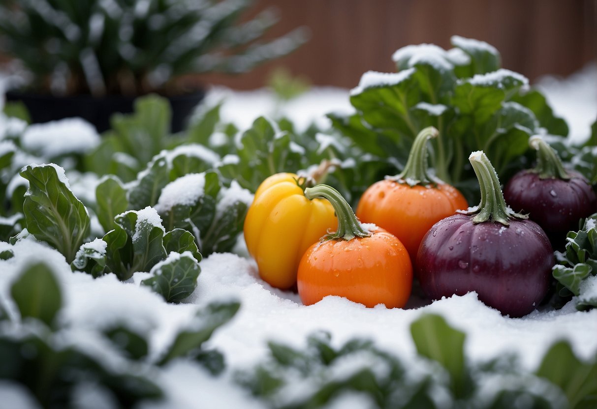 Colorful winter vegetables thriving in a garden, surrounded by hardy perennials. Snow lightly dusts the ground, while the sun shines brightly overhead