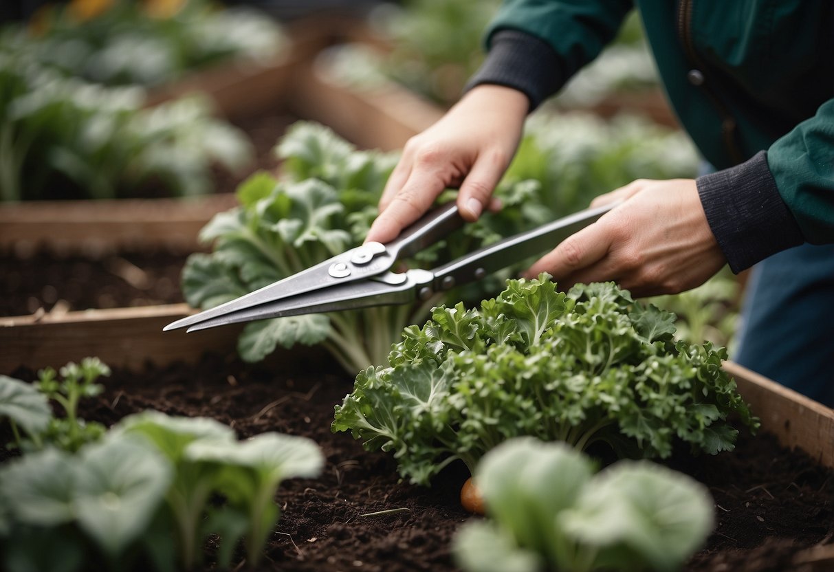 A pair of gardening shears trimming back leafy greens and root vegetables in a winter garden bed