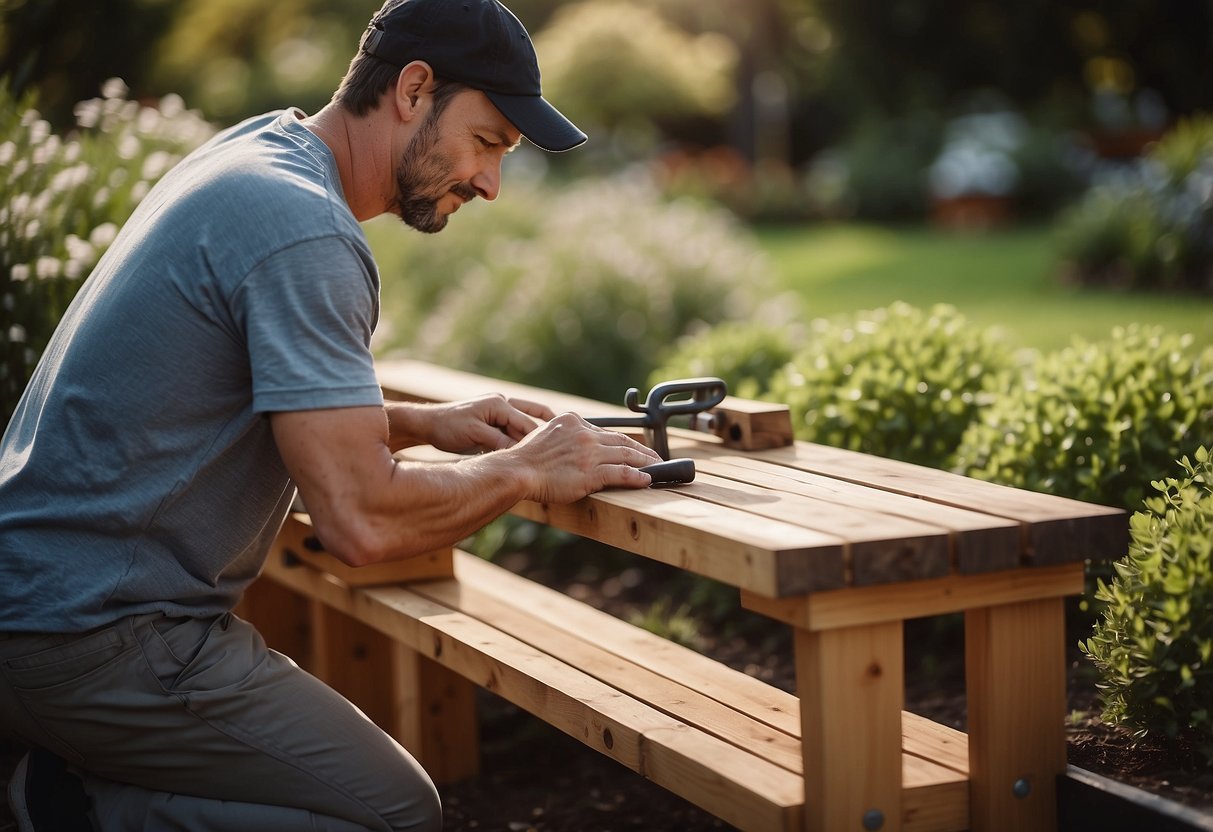 A person installs wooden bench seating in a garden, using tools and following step-by-step instructions